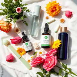 A vibrant and visually appealing flat lay image featuring an assortment of beauty and health products arranged aesthetically