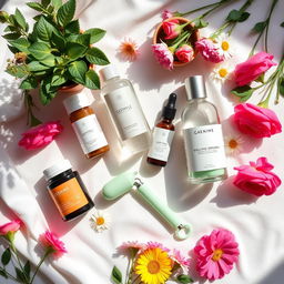 A vibrant and visually appealing flat lay image featuring an assortment of beauty and health products arranged aesthetically