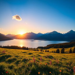 A breathtaking landscape showcasing a serene lake surrounded by majestic mountains under a clear blue sky