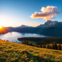 A breathtaking landscape showcasing a serene lake surrounded by majestic mountains under a clear blue sky