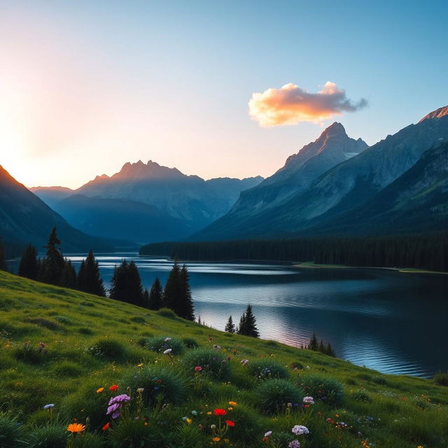 A breathtaking landscape showcasing a serene lake surrounded by majestic mountains under a clear blue sky