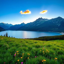 A breathtaking landscape showcasing a serene lake surrounded by majestic mountains under a clear blue sky