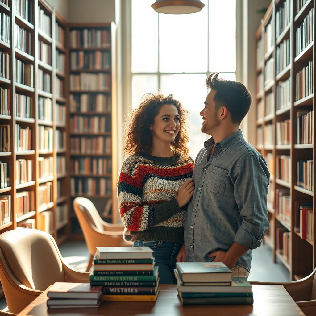 A romantic scene depicting a couple meeting for the first time in a cozy, warmly lit library