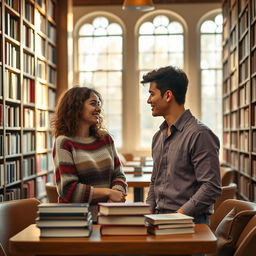 A romantic scene depicting a couple meeting for the first time in a cozy, warmly lit library