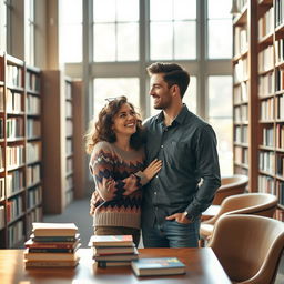 A romantic scene depicting a couple meeting for the first time in a cozy, warmly lit library