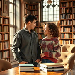 A romantic scene depicting a couple meeting for the first time in a cozy, warmly lit library