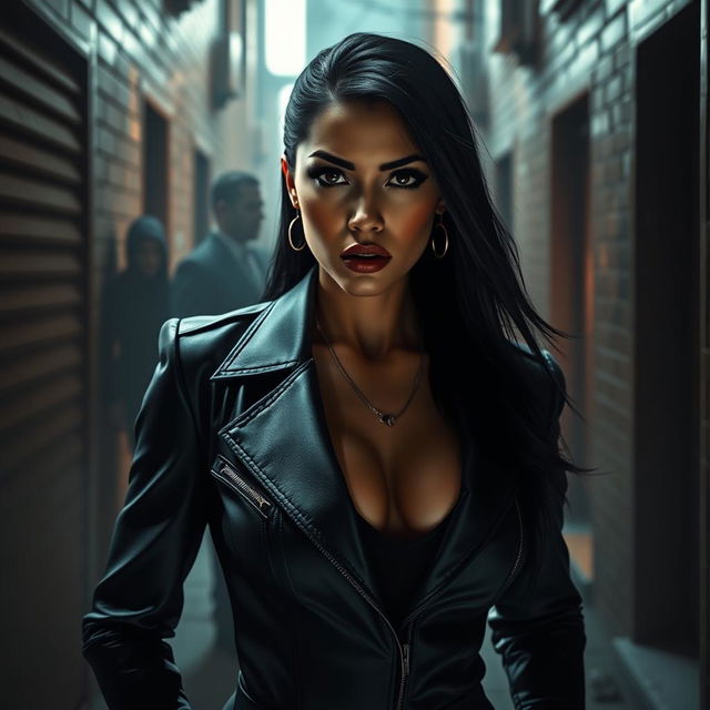 A powerful woman dressed in stylish, edgy mafia attire, exuding confidence and authority, standing in a dimly lit urban alley