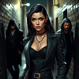 A powerful woman dressed in stylish, edgy mafia attire, exuding confidence and authority, standing in a dimly lit urban alley