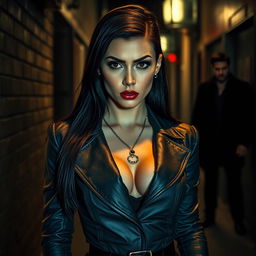 A powerful woman dressed in stylish, edgy mafia attire, exuding confidence and authority, standing in a dimly lit urban alley