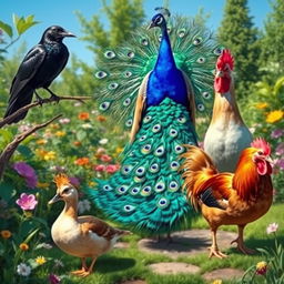An enchanting scene featuring a crow, a peacock, a duck, and a rooster all gathered together in a lush garden