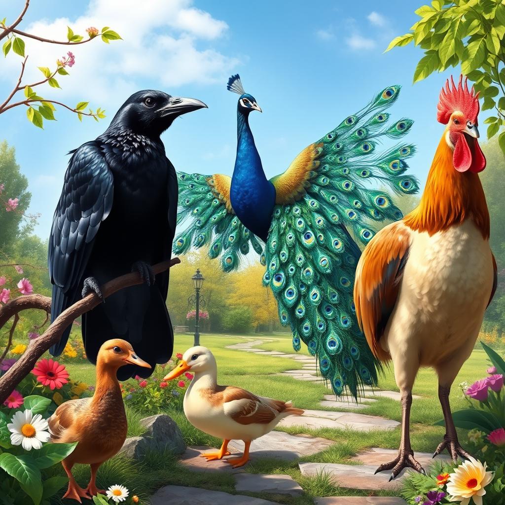 An enchanting scene featuring a crow, a peacock, a duck, and a rooster all gathered together in a lush garden