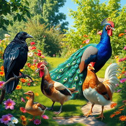 An enchanting scene featuring a crow, a peacock, a duck, and a rooster all gathered together in a lush garden