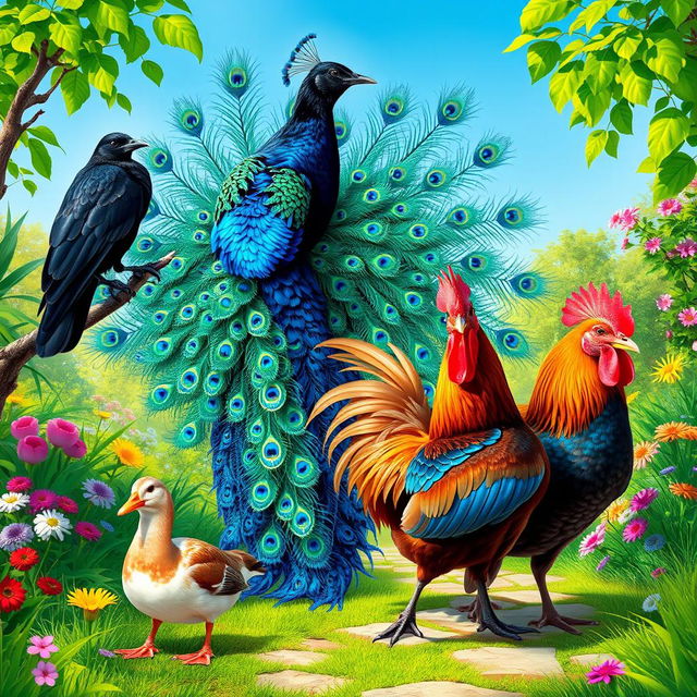 An enchanting scene featuring a crow, a peacock, a duck, and a rooster all gathered together in a lush garden