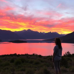 A breathtaking landscape featuring a stunning sunset over a serene lake, with majestic mountains in the background