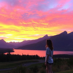 A breathtaking landscape featuring a stunning sunset over a serene lake, with majestic mountains in the background