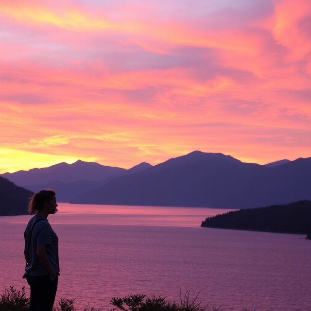 A breathtaking landscape featuring a stunning sunset over a serene lake, with majestic mountains in the background