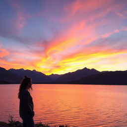 A breathtaking landscape featuring a stunning sunset over a serene lake, with majestic mountains in the background