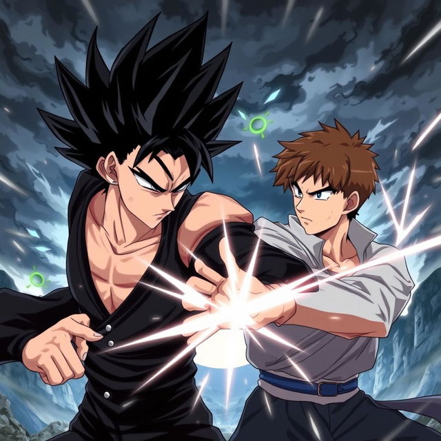 A thrilling anime style scene depicting a serious confrontation between two male fighters