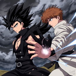 A thrilling anime style scene depicting a serious confrontation between two male fighters