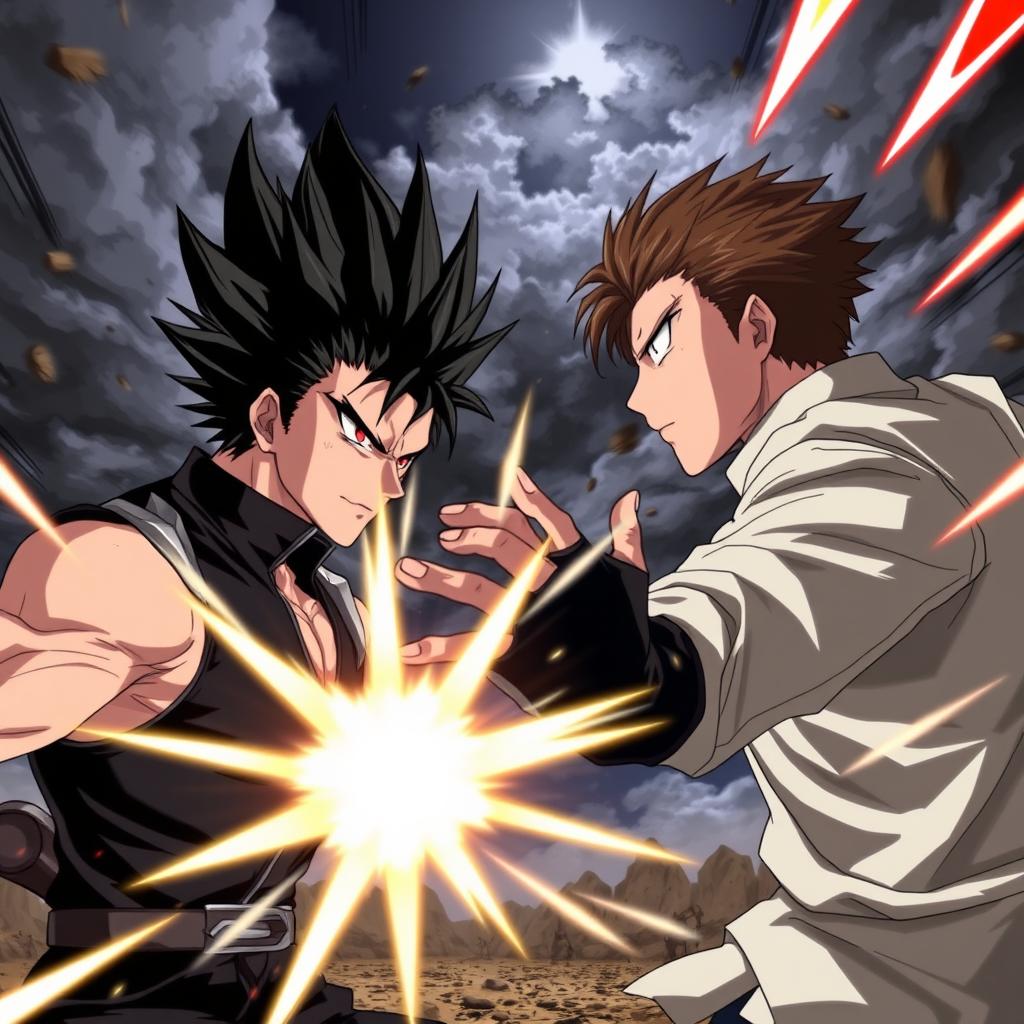 A thrilling anime style scene depicting a serious confrontation between two male fighters