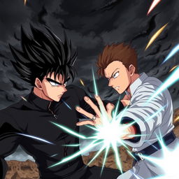 A thrilling anime style scene depicting a serious confrontation between two male fighters