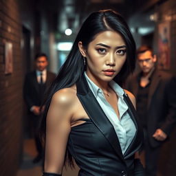 An Asian woman dressed in sleek, fashionable mafia attire, exuding a sense of power and confidence, stands in a shadowy urban alleyway
