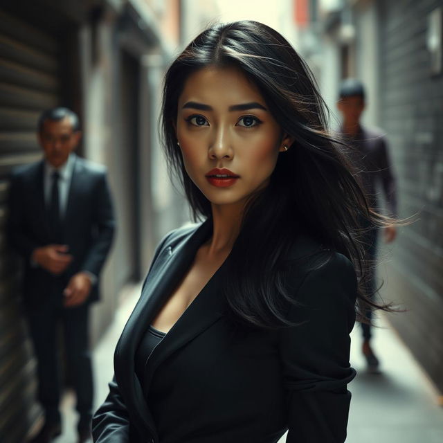 An Asian woman dressed in sleek, fashionable mafia attire, exuding a sense of power and confidence, stands in a shadowy urban alleyway