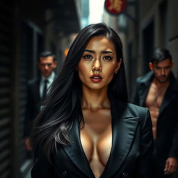 An Asian woman dressed in sleek, fashionable mafia attire, exuding a sense of power and confidence, stands in a shadowy urban alleyway