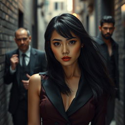 An Asian woman dressed in sleek, fashionable mafia attire, exuding a sense of power and confidence, stands in a shadowy urban alleyway