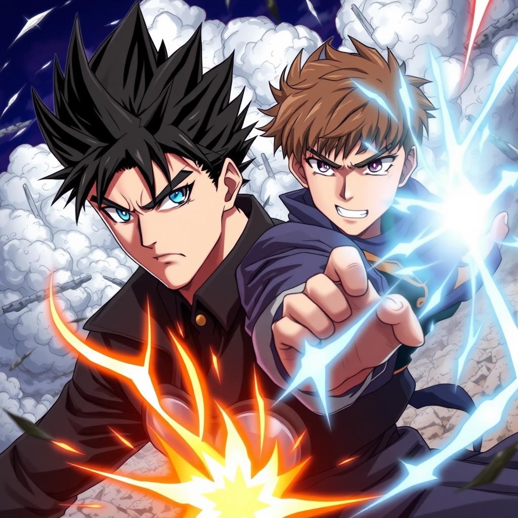 An intense anime style illustration depicting a serious man engaged in a fierce battle