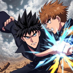 An intense anime style illustration depicting a serious man engaged in a fierce battle