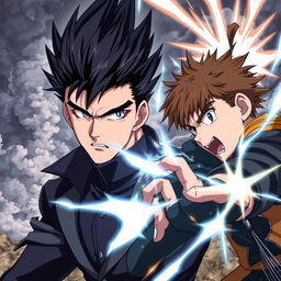 An intense anime style illustration depicting a serious man engaged in a fierce battle