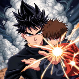 An intense anime style illustration depicting a serious man engaged in a fierce battle