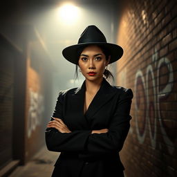 An Asian woman with an intense expression, dressed in a stylish mafia outfit, featuring a tailored black suit and a wide-brimmed hat