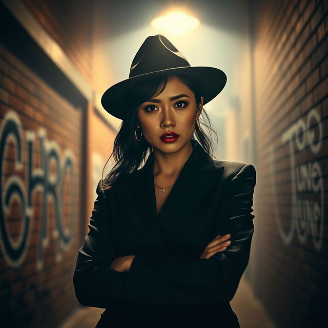 An Asian woman with an intense expression, dressed in a stylish mafia outfit, featuring a tailored black suit and a wide-brimmed hat