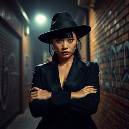 An Asian woman with an intense expression, dressed in a stylish mafia outfit, featuring a tailored black suit and a wide-brimmed hat