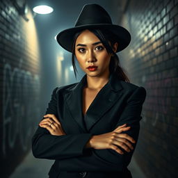 An Asian woman with an intense expression, dressed in a stylish mafia outfit, featuring a tailored black suit and a wide-brimmed hat