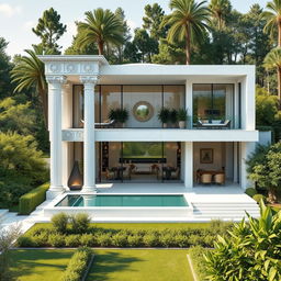 A stunning modern house inspired by the architectural elegance of Cyrus the Great, featuring grand columns, intricate stone carvings, and a minimalist façade