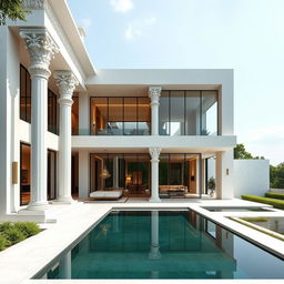 A stunning modern house inspired by the architectural elegance of Cyrus the Great, featuring grand columns, intricate stone carvings, and a minimalist façade
