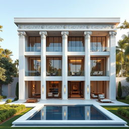 A stunning modern house inspired by the architectural elegance of Cyrus the Great, featuring grand columns, intricate stone carvings, and a minimalist façade