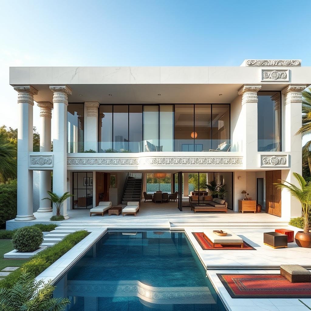 A stunning modern house inspired by the architectural elegance of Cyrus the Great, featuring grand columns, intricate stone carvings, and a minimalist façade
