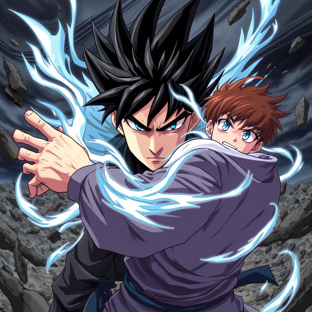 An action-packed anime style illustration featuring a serious man with striking blue eyes and black spiky hair, emanating a powerful black aura that signifies his formidable presence