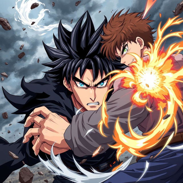 An immersive anime style illustration showcasing a serious man with striking blue eyes and black spiky hair, surrounded by a powerful black aura that indicates his formidable strength