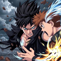 An immersive anime style illustration showcasing a serious man with striking blue eyes and black spiky hair, surrounded by a powerful black aura that indicates his formidable strength