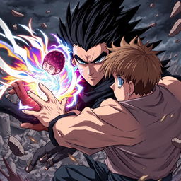 An immersive anime style illustration showcasing a serious man with striking blue eyes and black spiky hair, surrounded by a powerful black aura that indicates his formidable strength
