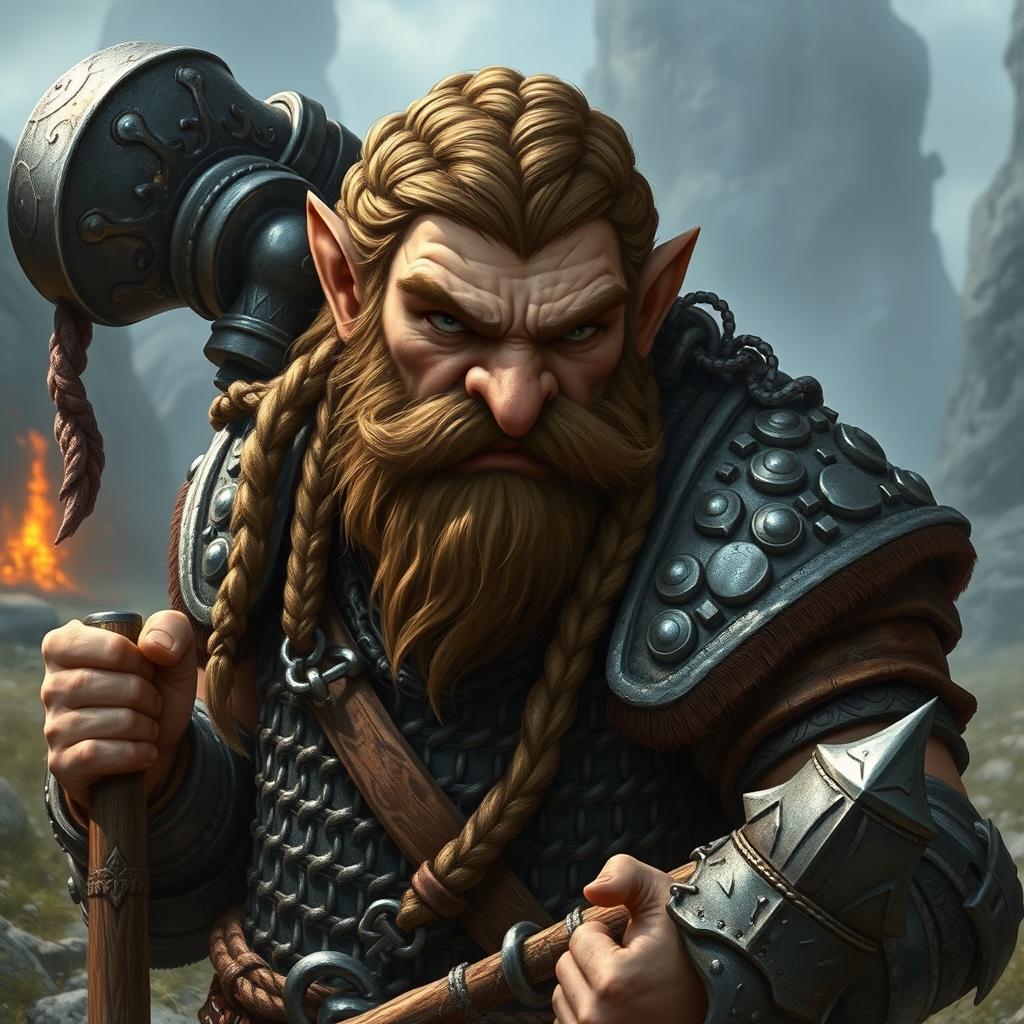 A stout dwarf cleric warrior with a broken nose, showcasing braided brown hair and steel-gray eyes