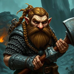 A stout dwarf cleric warrior with a broken nose, showcasing braided brown hair and steel-gray eyes
