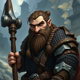 A stout dwarf cleric warrior with a broken nose, showcasing braided brown hair and steel-gray eyes