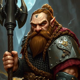 A stout dwarf cleric warrior with a broken nose, showcasing braided brown hair and steel-gray eyes