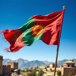 A detailed and vibrant depiction of the Darfash Kaviani flag, featuring rich colors and intricate designs that represent its cultural significance